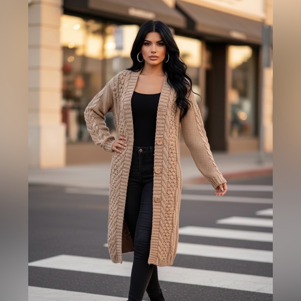 Lapis Beige Cable Knit Cardigan Sweater